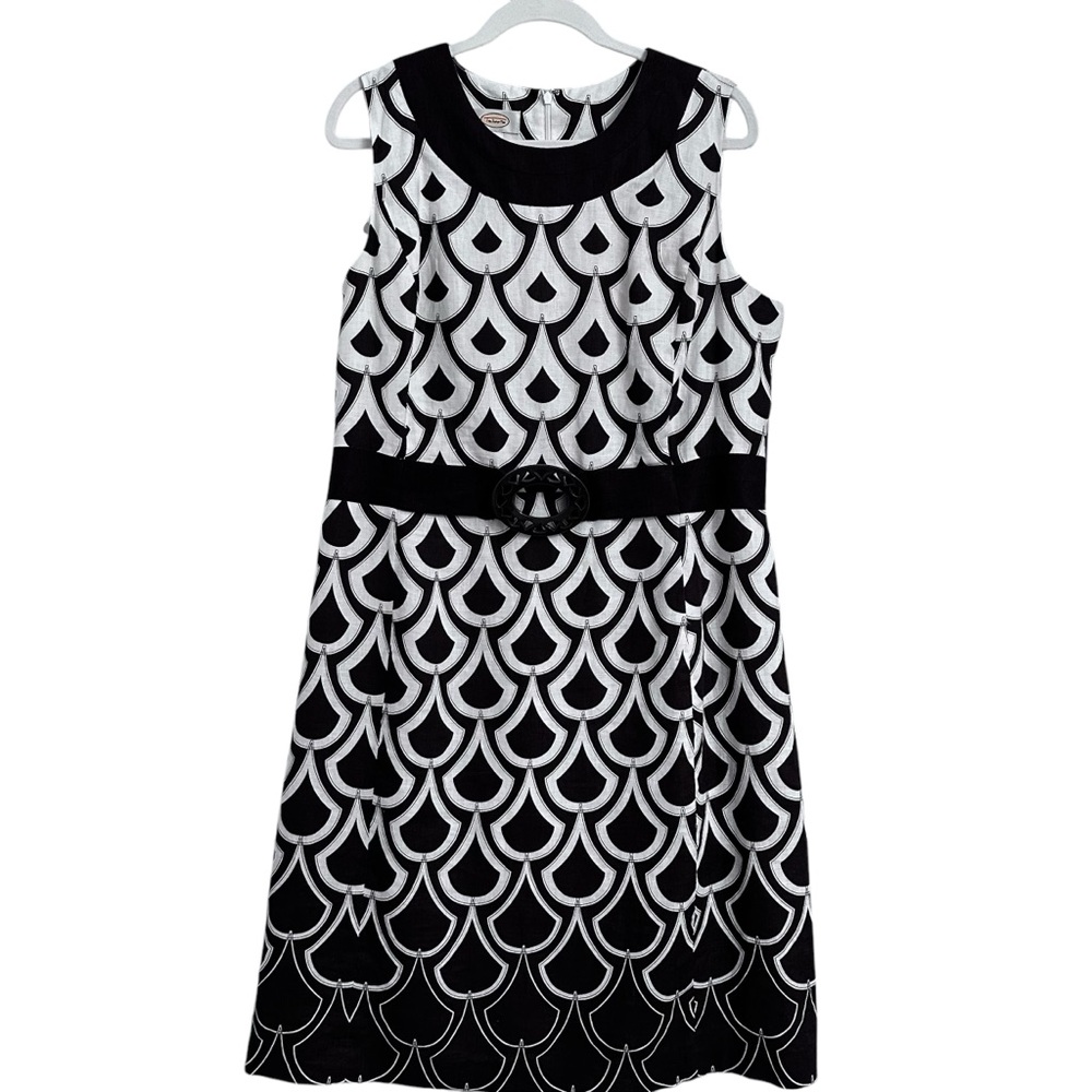 Talbots Size 16 Linen Brown & White Geometric Print Fitted Waist Sheath Dress
